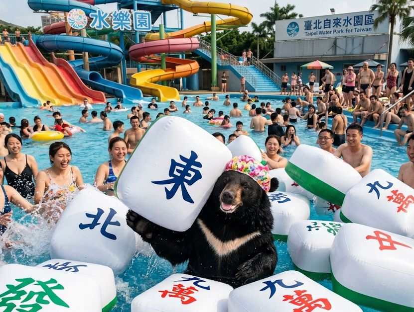 公館自來水園區黑熊出沒,台灣黑熊自來水園區玩水,台灣熊愛打麻將,台灣黑熊打麻將,熊掌摸牌,國寶熊界雀聖,台北公館水樂園揪團水上打牌,水樂園黑熊大亂鬥,麻將漂漂河