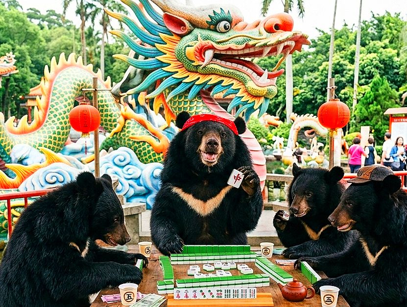台灣黑熊,台灣熊愛打麻將,台灣黑熊打麻將,熊掌摸牌,國寶熊界雀聖,馬鳴山五年千歲公園打牌,雲林熊界傳奇,五年千歲公園驚見台灣黑熊,龍神駕到打麻將,雲林人氣迷宮黑熊秘境,雲林七龍珠黑熊爭霸戰