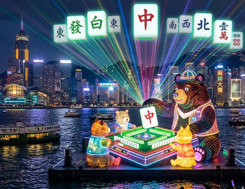 幻彩詠香江之海底撈月,邊吃港式厚身西多士邊食糊,維多利亞港麻雀大賽,黑熊喝港式絲襪奶茶,台灣黑熊遠征香港打牌,維港上空的麻將星雲,台灣黑熊,台灣熊愛打麻將,台灣黑熊打麻雀,台港交流吃豬扒包打牌