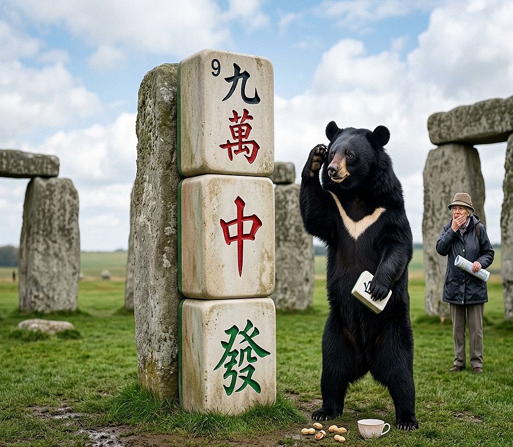 外星人留下的英國巨型麻將石柱,台灣黑熊到巨石陣打麻將,世界遺產級的麻將大賽,東方神祕國粹征服歐洲,世界文化遺產史前麻將桌,台灣黑熊,台灣熊愛打麻將,台灣黑熊打麻將,熊掌摸牌,國寶熊界雀聖,國寶打牌,英國發大財石柱