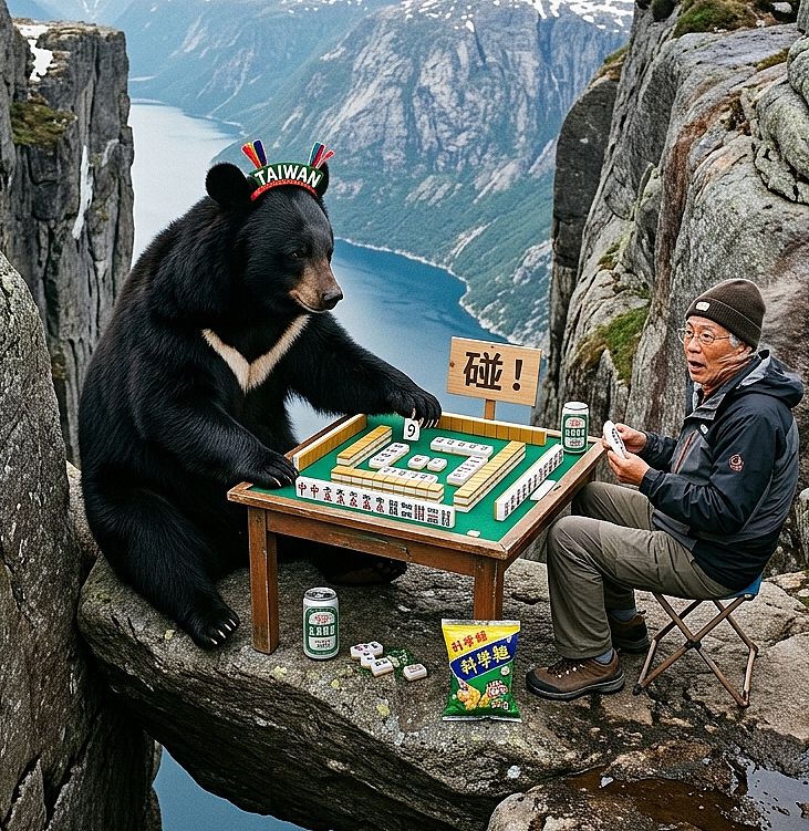 台灣黑熊,台灣熊愛打麻將,台灣黑熊打麻將,台灣黑熊在巨石上摸牌,挪威驚現台灣黑熊,謝拉格伯頓石上打牌,斷崖雀神傳奇,台灣黑熊奇蹟石到此一遊,挪威萬丈深淵上打麻將,挪威羅加蘭郡台灣黑熊出沒