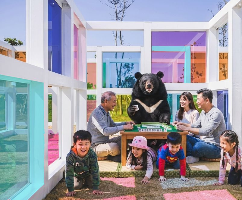 水湳普普風黑熊國粹,台中水湳中央公園打麻將,彩色玻璃迷宮熊掌摸牌,台灣熊愛打麻將,黑熊大殺四方,普普風濾色地景麻將裝置藝術,台中迷宮捉迷藏打麻將,西屯區異次元