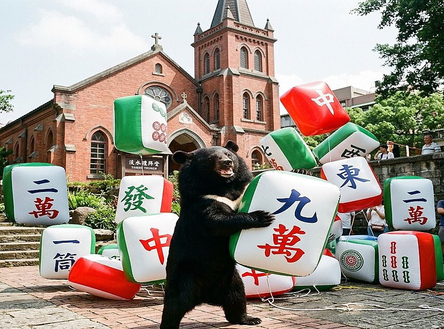 台灣黑熊打卡新地標,台灣熊愛打麻將,台灣黑熊在淡水禮拜堂打麻將,古蹟大賭場熊掌摸牌,台灣國寶熊界雀聖,淡水國粹傳播大使,淡水仿哥德式紅磚國粹館,淡水紅磚配發財,淡水新景點黑熊出沒