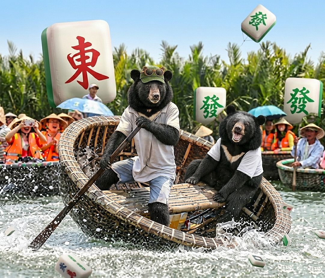 胡志明市黑熊出沒,台灣黑熊划簸箕船,台灣熊愛打麻將,台灣黑熊打麻將,熊掌摸牌,國寶熊界雀聖,越南會安瘋狂揪團打牌,越南簸箕船熊界傳奇,黑熊爭奪森林雀王