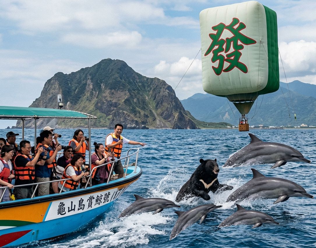 台灣黑熊自摸自到龜山島,台灣熊愛打麻將,台灣黑熊打麻將,宜蘭賞鯨船變賞熊船,國寶熊界雀聖,黑熊與海豚的秘密戀情,龜山島地靈人傑黑熊海豚共泳,頭城百慕達,發財熱氣球,飛天大發財,賞鯨送黑熊,龜山島期間限定麻將傳說