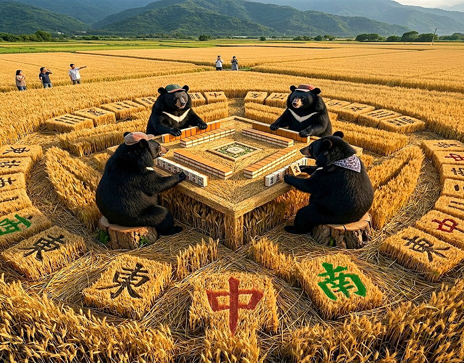 神祕麥田圈麻將藝術,麥田麻將館金色麥浪,外星人與台灣黑熊微妙關係,台東方城之戰,台灣黑熊,台灣熊愛打麻將,台灣黑熊在神祕麥田圈打麻將,熊掌摸牌,國寶熊界雀聖,稻浪方城戰,台東熊界傳奇