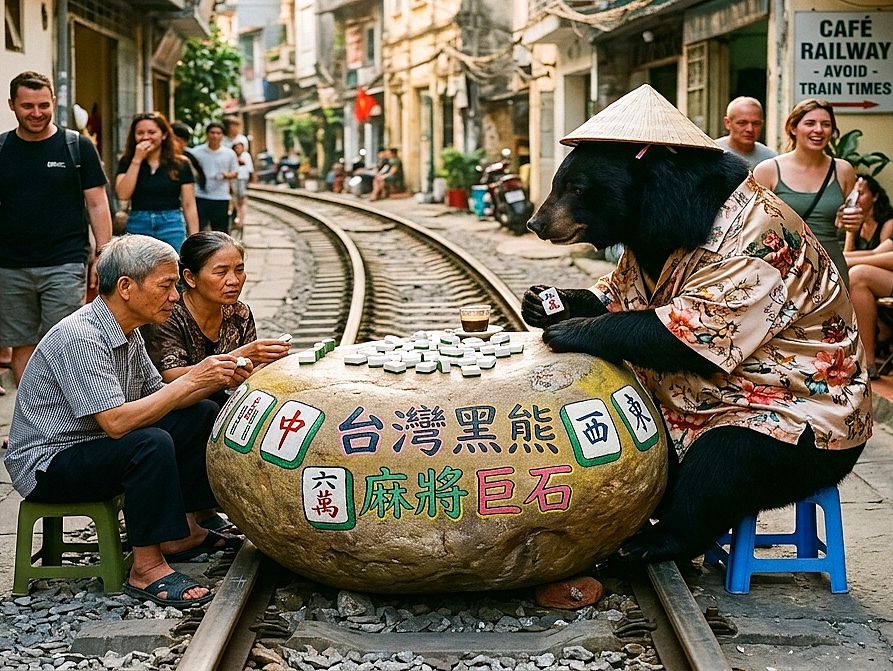 台灣黑熊鐵軌上的博弈奇蹟,台灣熊愛打麻將,台灣黑熊打麻將,熊掌摸牌,火車誤點之王,越南火車街打牌,熊界傳奇,河內火車街大塞車,跨國牌友會,河內火車街腎上腺素飆升中打麻將,河內火車咖啡街麻將大賽
