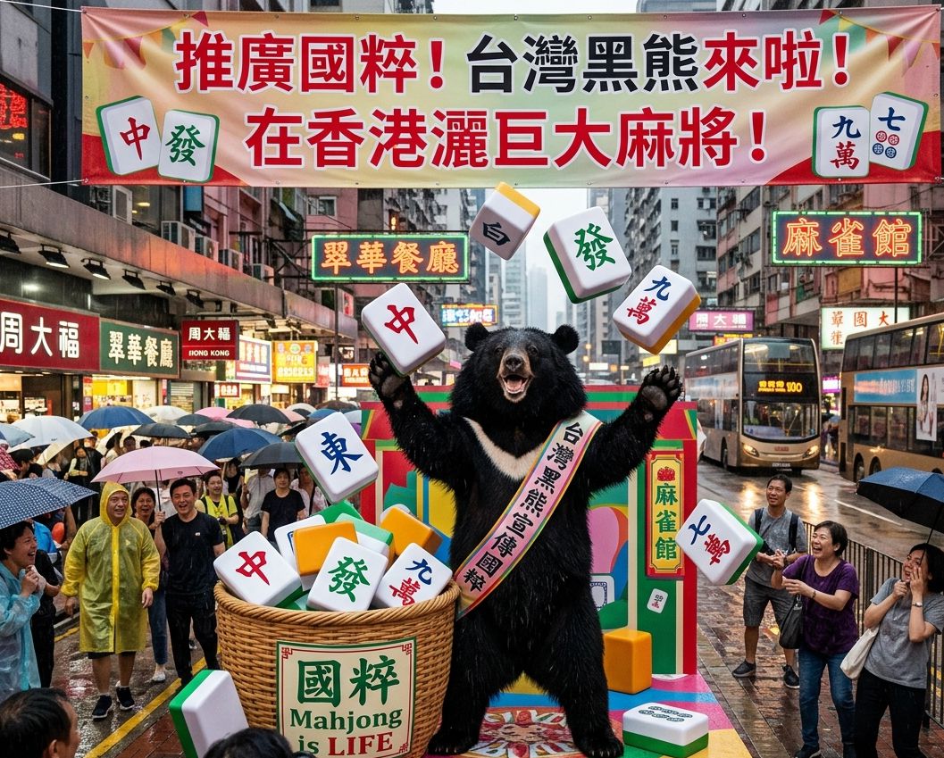 銅鑼灣驚現台灣黑熊,香港麻雀番數計錢算到熊眼花,黑熊喝翠華餐廳港式絲襪奶茶,台灣黑熊遠征香港打牌,台灣黑熊教你香港牌食糊,台灣熊愛打麻將,台灣黑熊在周大福打麻雀,九龍揪團打牌,銅鑼灣尖沙咀三缺一