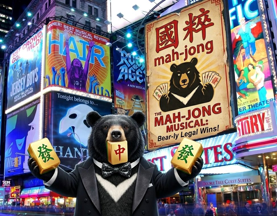 台灣黑熊在百老匯音樂劇,台灣熊愛打麻將,台灣黑熊打麻將,紐約曼哈頓熊掌摸牌,紐約雀聖,百老匯與國粹大亂鬥,美國紐約曼哈頓驚見台灣黑熊,百老匯國粹音樂劇,黑熊登上歌劇魅影