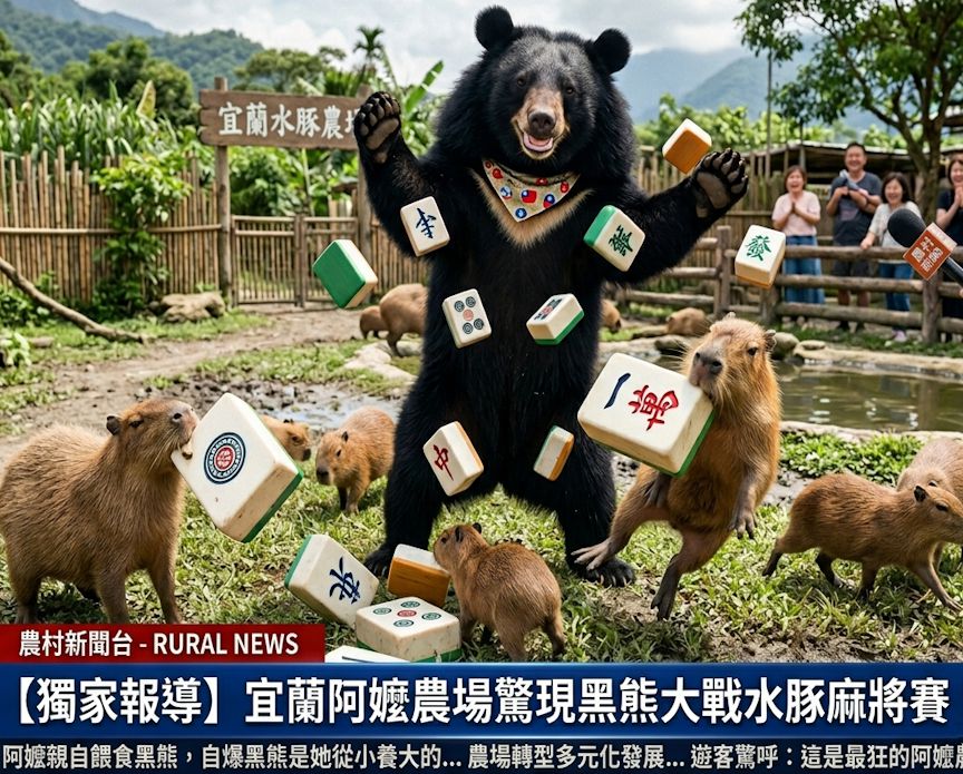 水豚叼萬字,台灣黑熊與卡皮巴拉決鬥,台灣熊愛打麻將,台灣黑熊與卡比巴拉打麻將,阿嬤養的黑熊,宜蘭最狂阿嬤水豚觀光農場打麻將,水豚牌友三缺一,水豚君揪團打麻將,水豚不吃草吃麻將,水豚君的賭徒日常