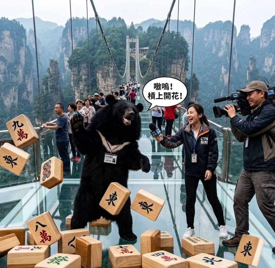 台灣黑熊在張家界大峽谷出沒,台灣熊愛打麻將,台灣黑熊在雲天渡玻璃橋打麻將,高山峽谷玻璃橋熊掌摸牌,國寶熊界雀聖,海拔三百米熊界傳奇,張家界風景區奇觀,阿凡達與台灣黑熊重逢