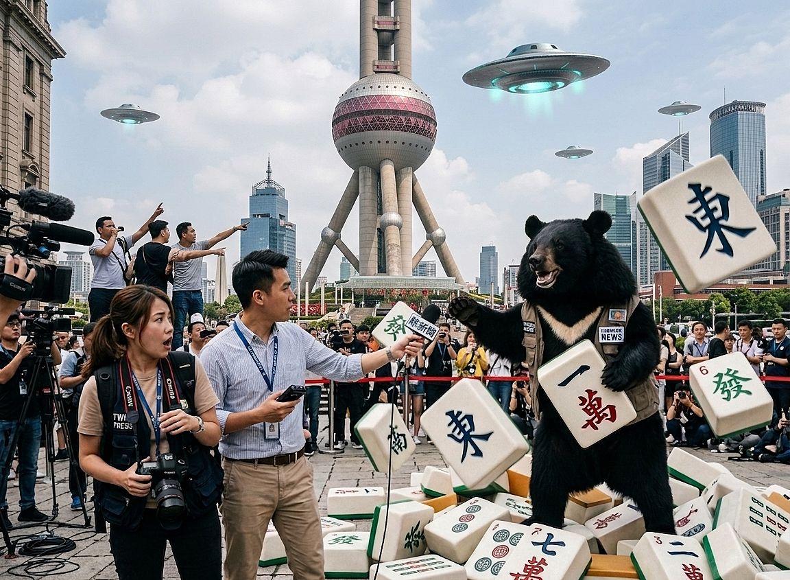 東方明珠麻將雨,巨型麻將防禦陣,外星人也想碰,雀神星際爭霸,上海灘之大四喜,上海東方明珠塔驚見台灣黑熊,台灣熊愛打麻將,台灣黑熊打麻將,飛碟來襲熊掌摸牌,飛碟路過看熱鬧,黑熊與外星人揪團打牌,星際UFO與黑熊麻將交流