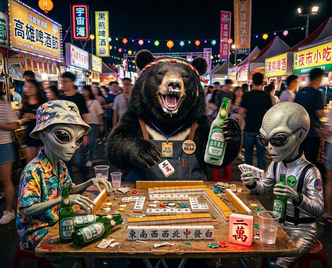 高雄啤酒節驚見外星人,台灣黑熊酒後吐真言,外星人啤酒無限暢飲,UFO違規停在六合夜市,台灣熊愛打麻將,台灣黑熊打麻將,外星人與熊掌摸牌,UFO燈光秀,星際ET與黑熊麻將交流,ET與BEAR與BEER,高雄啤酒音樂節開桌打麻將