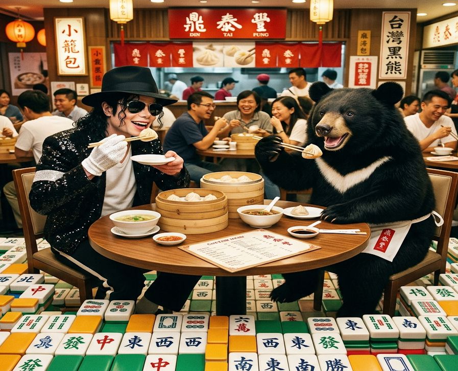 麥可傑克森跨時空合體台灣黑熊,台灣熊愛打麻將,台灣黑熊打麻將,麥可跳舞熊掌摸牌,台北驚見台灣黑熊,麥可傑克森對尬台灣黑熊,麥可傑克森空降鼎泰豐打麻將,台灣黑熊穿圍裙吃小籠包,麻將至尊小籠包爭霸戰,麻將大師麥可傑克森,流行天王與台灣國寶的午餐約會,國際巨星教黑熊跳太空漫步,一邊吃鼎泰豐小籠包一邊自摸北風