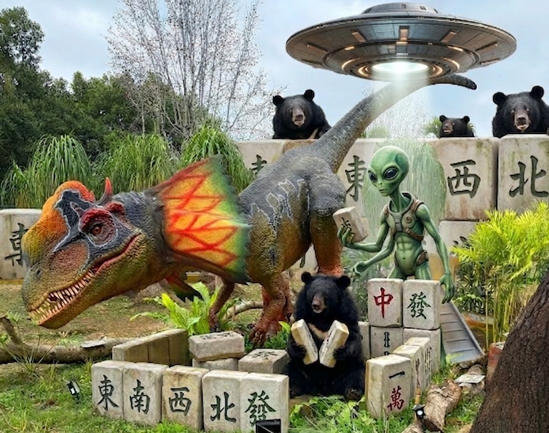 飛碟來襲熊掌摸牌,台灣黑熊第三類接觸,UFO驚現關渡恐龍樂園,台灣熊愛打麻將,台灣黑熊打麻將,台北關渡碼頭外星人震撼登場,星際ET與黑熊麻將交流,外星人也想碰,幽浮路過看熱鬧,黑熊與外星人揪團沉浸式恐龍展