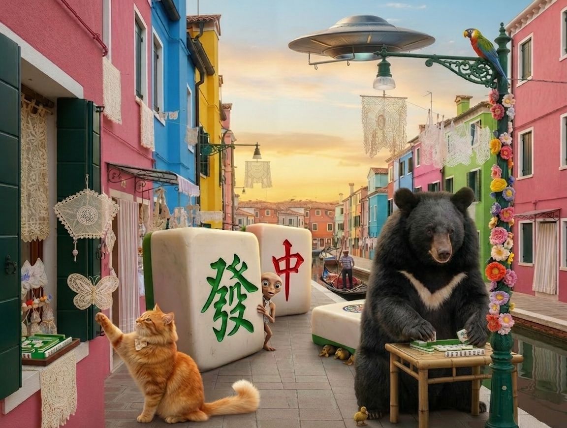 飛碟來襲熊掌摸牌,台灣之光在義大利,義大利威尼斯驚現台灣黑熊,台灣熊愛打麻將,台灣黑熊打麻將,星際ET與黑熊麻將交流,世界和平靠麻將,UFO路過看熱鬧,黑熊與外星人揪團打牌,威尼斯彩色島外星人出沒