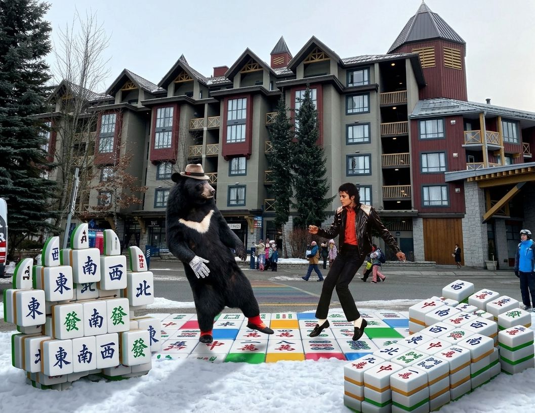 雪地打麻將,國家地理頻道沒播出的片段,麥可傑克森全球巡演黑熊站,台灣熊愛打麻將,台灣黑熊打麻將,惠斯勒有台灣黑熊出沒,台灣黑熊在加拿大滑雪勝地打麻將,麥可傑克森與台灣黑熊尬舞,麥可堅持白襪配黑鞋,麥可與台灣黑熊在加拿大惠斯勒雪地跳月球漫步,麥可傑克森雪地尬舞台灣黑熊