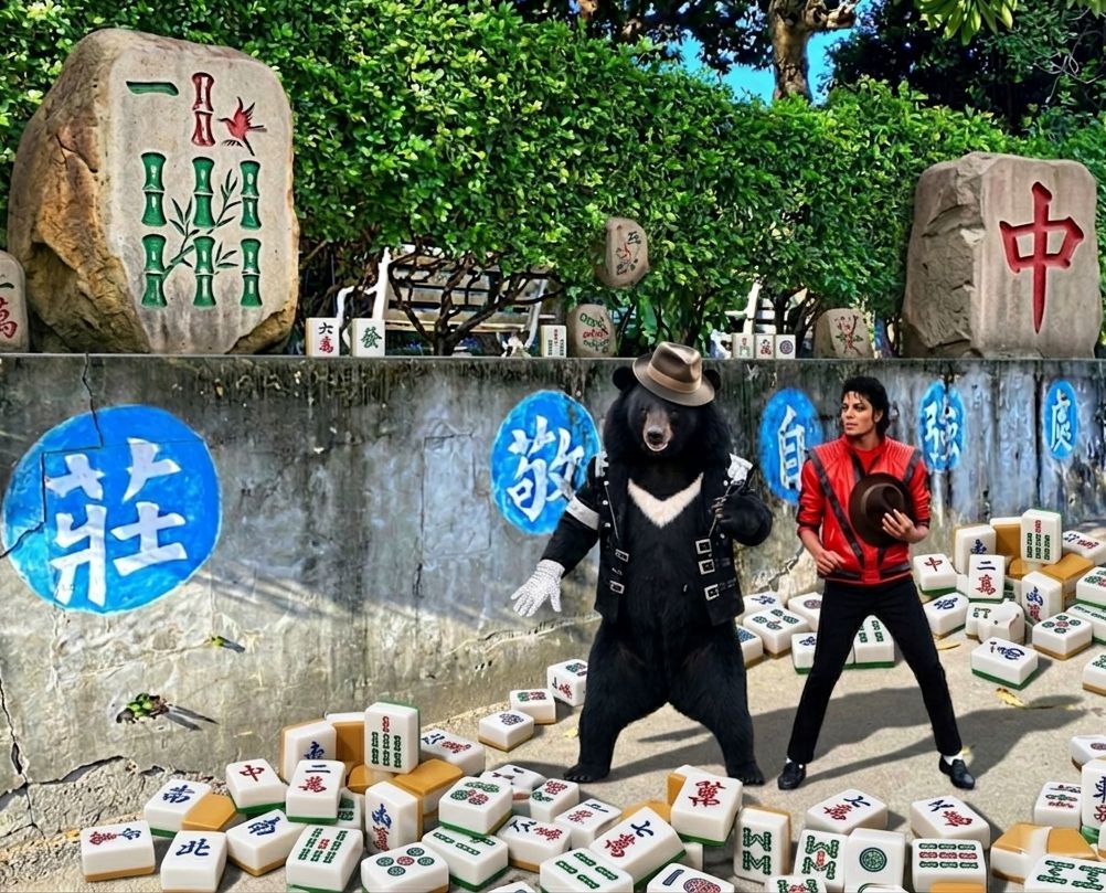 台灣熊愛打麻將,台灣黑熊打麻將,三重眷村文化園區有台灣黑熊出沒,台灣黑熊在空軍三重一村打麻將,麥可傑克森與台灣黑熊尬舞,麥可堅持白襪配黑鞋,麥可與台灣黑熊在空軍三重一村跳月球漫步,麥可傑克森對尬台灣黑熊,麥可傑克森跨時空合體台灣黑熊