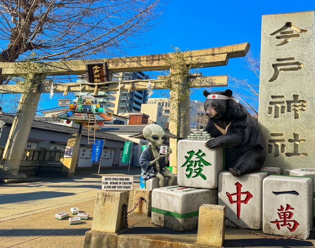 星際和平靠麻將,外星人跨銀河系合體台灣黑熊,飛碟來襲熊掌摸牌,台灣黑熊在東京淺草第三類接觸,東京淺草今戶神社驚現UFO,台灣熊愛打麻將,台灣黑熊在東京淺草今戶神社打麻將,星際ET與黑熊麻將交流,外星人也想碰,幽浮路過看熱鬧,黑熊與外星人揪團打牌