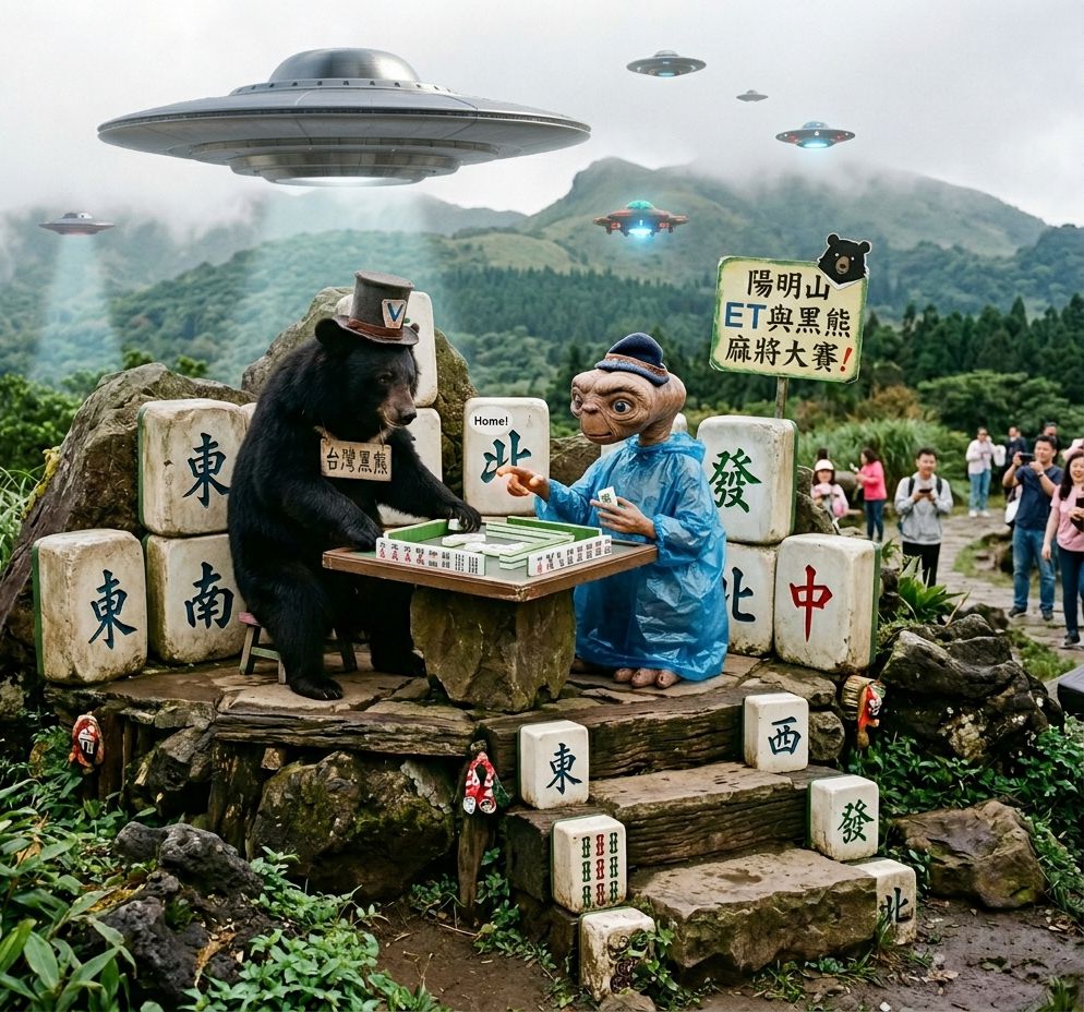 陽明山擎天崗飛碟來襲熊掌摸牌,台灣黑熊在陽明山擎天崗第三類接觸,陽明山擎天崗驚現UFO,台灣黑熊星際線上直播,台灣熊愛打麻將,台灣黑熊打麻將,大屯火山口打牌,陽明山台灣黑熊出沒,星際ET與黑熊麻將交流,外星人也想碰,幽浮路過看熱鬧,黑熊與外星人揪團打牌