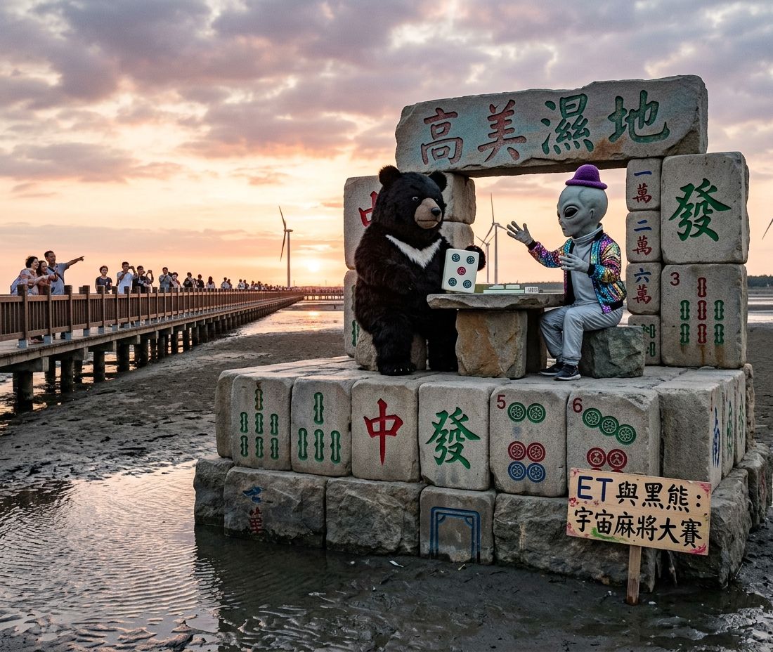風車大道有台灣黑熊出沒,臺中清水高美濕地驚見外星人,飛碟來襲熊掌摸牌,台灣黑熊在臺中清水高美濕地第三類接觸,台灣熊愛打麻將,台灣黑熊在高美濕地打麻將,星際ET與黑熊麻將交流,外星人也想碰碰胡