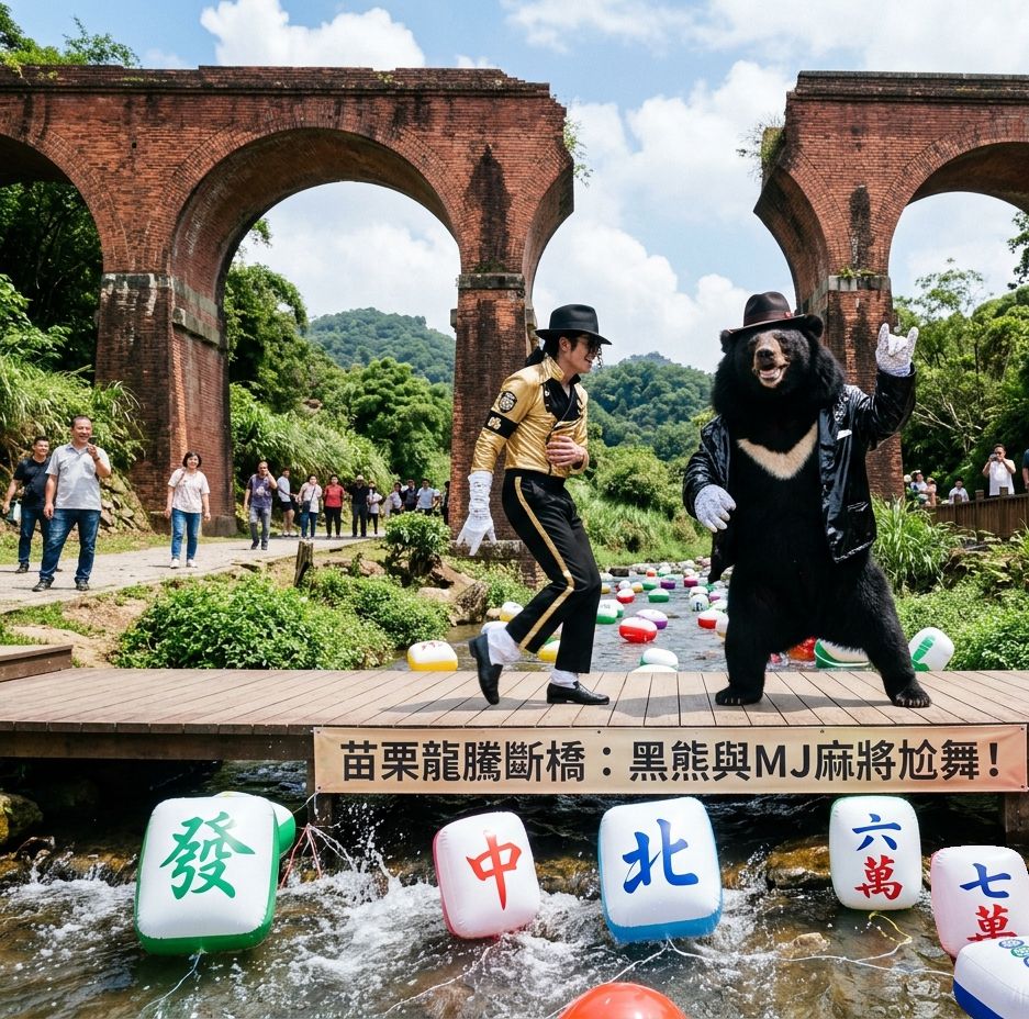 台灣熊愛打麻將,台灣黑熊打麻將,苗栗龍騰斷橋有台灣黑熊出沒,台灣黑熊在苗栗龍騰斷橋打麻將,麥可傑克森與台灣黑熊尬舞,麥可堅持白襪配黑鞋,麥可傑克森跨時空合體台灣黑熊,麥可與台灣黑熊在苗栗三義跳月球漫步,麥可傑克森對尬台灣黑熊