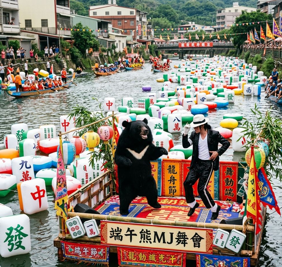 麥可傑克森划龍舟,台灣熊愛打麻將,台灣黑熊打麻將,水上移動式麻將館,龍舟馬拉松之麻將大賽,黑熊自摸划龍舟,龍舟變牌桌,海底撈月不是撈粽子,屈原跟麥可傑克森也想湊一桌,立蛋不如立牌,艾草洗手求好運,端午節打麻將,麥可傑克森堅持白襪配黑鞋,麥可與台灣黑熊邊划龍舟邊跳月球漫步,麥可傑克森對尬台灣黑熊