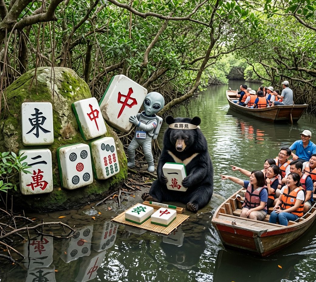 四草綠色隧道有熊出沒,四草綠色隧道麻將大賽,台江國家公園驚現台灣黑熊,外星飛船停在紅樹林,連外星人都沉迷的台灣國粹,台版亞馬遜河驚見外星人出沒,台灣熊愛打麻將,星際ET與黑熊麻將交流,外星人也想碰碰胡,幽浮路過看熱鬧