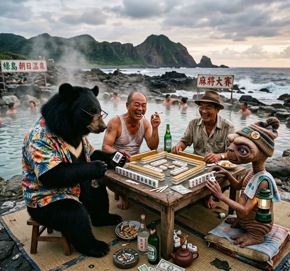 台灣熊愛打麻將,台灣黑熊打麻將,ET外星人綠島朝日溫泉泡湯,星際和平從綠島摸兩把開始,台北綠島朝日溫泉有台灣黑熊出沒,台灣黑熊在綠島朝日溫泉打麻將,星際ET與黑熊麻將交流,黑熊與外星人在台北綠島朝日溫泉揪團打牌,綠島阿北喝台啤看黑熊打牌,綠島溫泉冒煙黑熊血壓也冒煙