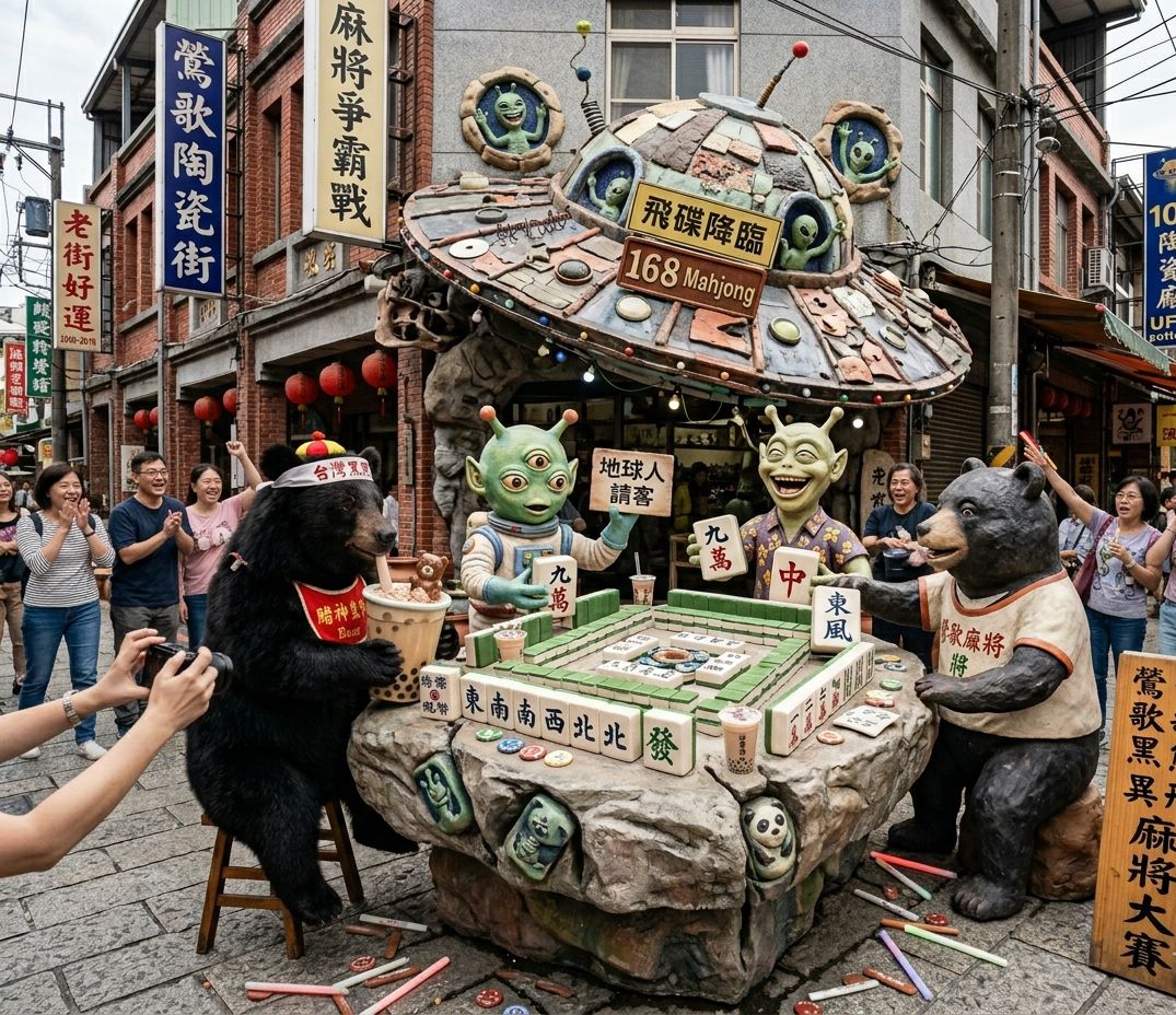 台灣熊愛打麻將,台灣黑熊打麻將,鶯歌老街有台灣黑熊出沒,台灣黑熊在鶯歌老街打麻將,星際ET與黑熊麻將交流,外星人也想碰碰胡,幽浮路過看熱鬧,黑熊與外星人在鶯歌老街揪團打牌,飛碟違停鶯歌老街紅線被開單,鶯歌老街陶瓷飛碟迫降事件