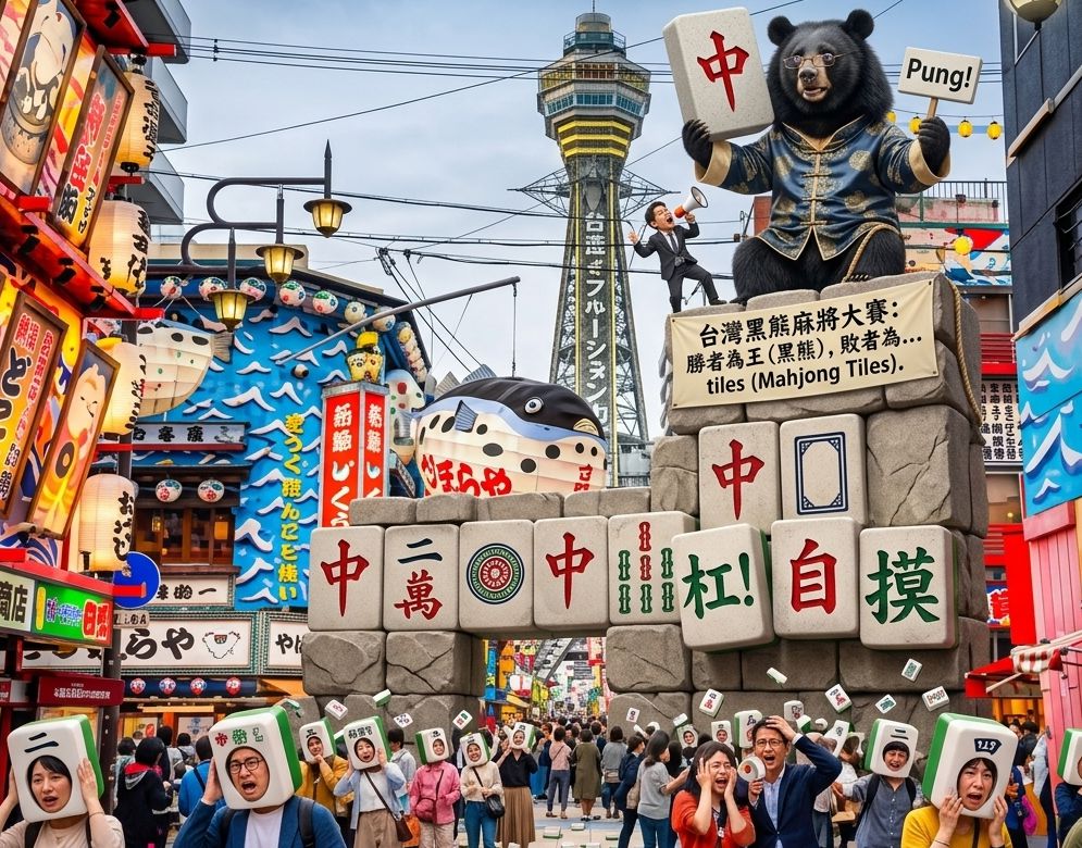 台灣熊愛打麻將,台灣黑熊打麻將,日本大阪通天閣有台灣黑熊出沒,台灣黑熊在日本大阪通天閣打麻將,台日友好熊掌摸牌,日本關西著名景點,從台灣夜市打到日本通天閣,大阪通天閣的末日浩劫