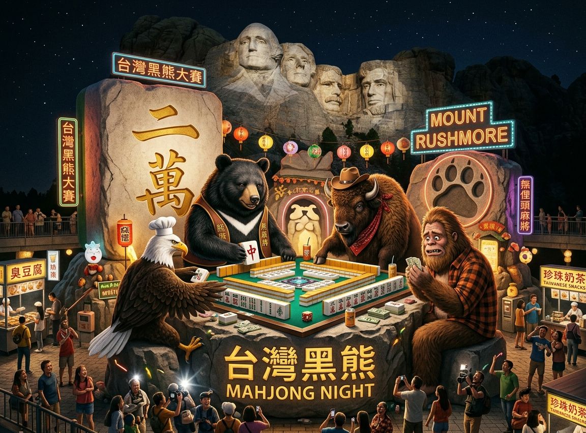 台灣熊愛打麻將,台灣黑熊打麻將,美國拉什莫爾山有台灣黑熊出沒,台灣黑熊在美國拉什莫爾山前打麻將,美國總統山一秒變身台灣觀光夜市,拉什莫爾山限定款臭豆腐加滿台式泡菜,在美國本土發揚光大的台灣麻將精神
