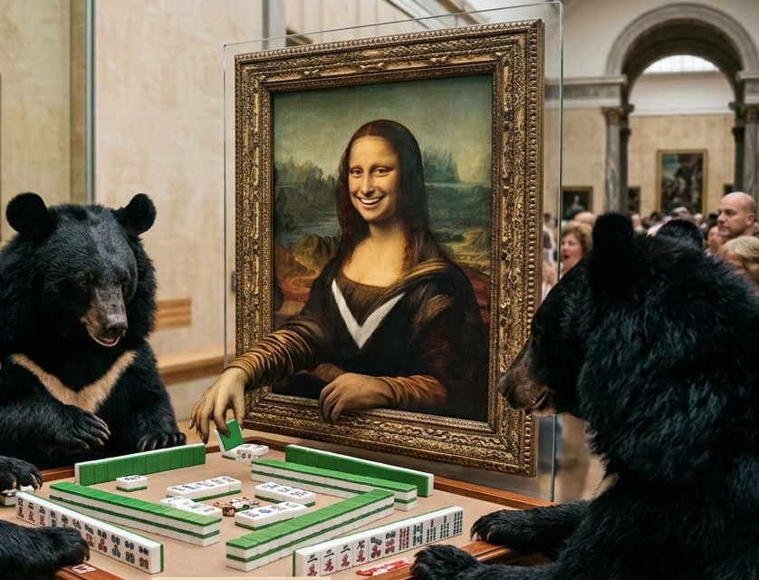 台灣黑熊,台灣熊愛打麻將,台灣黑熊打麻將,熊掌摸牌,達文西沒說的黑熊秘密,蒙娜麗莎海底撈月,國寶熊界雀聖,蒙娜麗莎的白V領,熊界傳奇,黑熊文藝復興派,蒙娜麗莎聽中洞,國寶黑熊進駐羅浮宮,巴黎洗牌聲