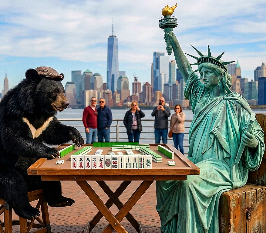 台灣黑熊,台灣熊愛打麻將,台灣黑熊打麻將,熊掌摸牌,國寶熊界雀聖,國寶打牌,熊界傳奇,紐約黑熊麻將開局,自由女神槓上台灣黑熊,自由女神摸牌,美台跨界雀聖爭霸賽,紐約黑熊麻將賽,台灣黑熊登陸自由島