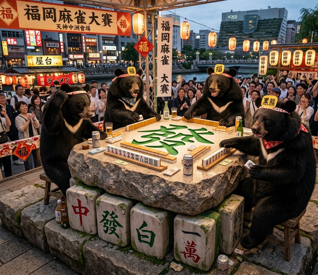 台灣熊愛打麻將,台灣黑熊打麻將,福岡有台灣黑熊出沒,台灣黑熊在福岡打麻將,台灣黑熊跨海攻佔福岡,台日交流麻將空降中洲屋台,福岡麻雀大賽之熊界傳奇,台灣黑熊在福岡天神中洲當麻將咖,福岡拉麵屋台前的史詩級台日交流,一邊吃福岡豚骨拉麵一邊碰碰胡