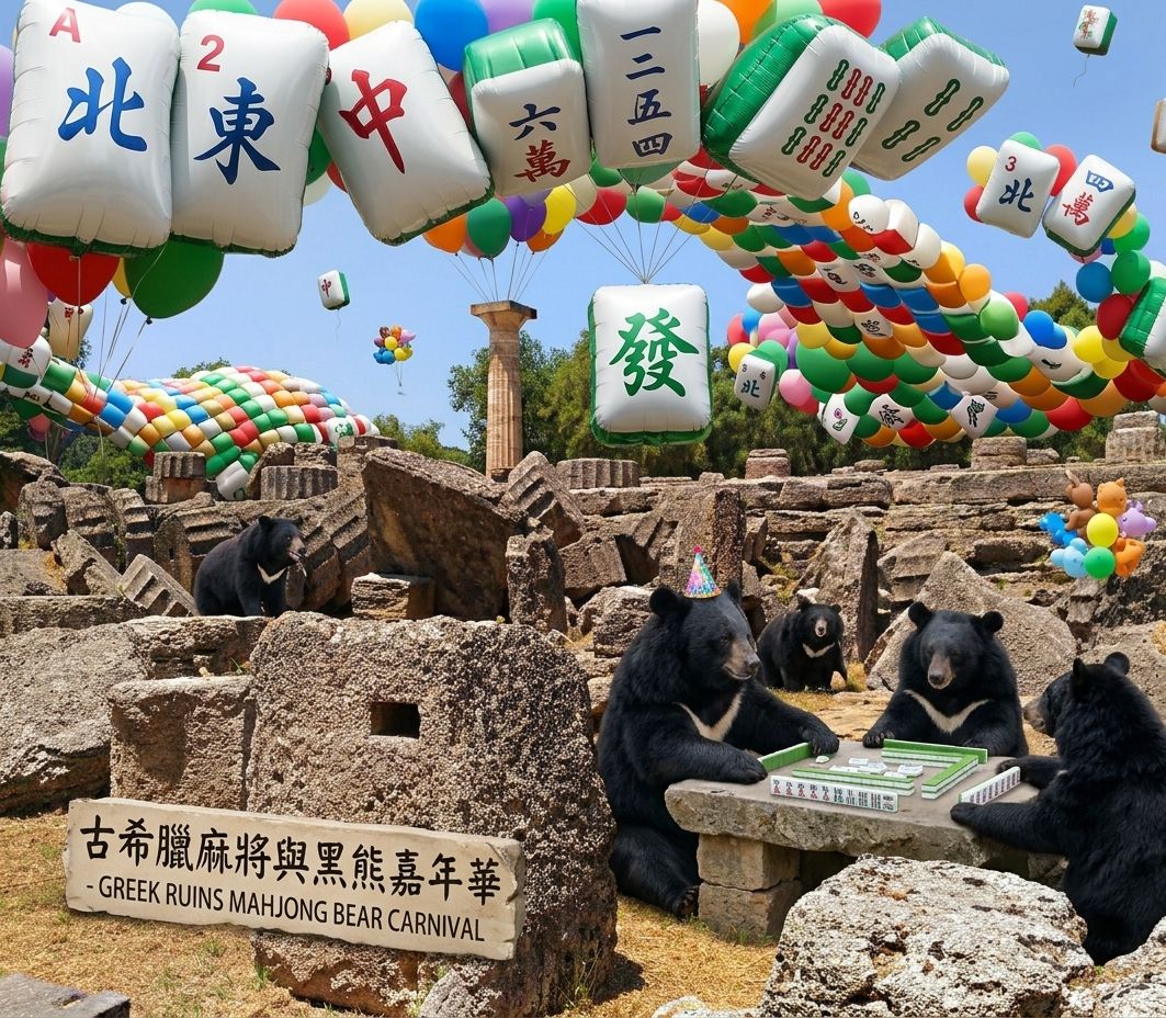台灣熊愛打麻將,台灣黑熊打麻將,古希臘遺址有台灣黑熊出沒,台灣黑熊在古希臘遺址打麻將,奧林匹克遺址變成大型麻將館,歷史課本沒寫的黑熊嘉年華慶典,下一屆奧林匹克麻將大賽金牌得主預測,連宙斯看了都想加一的麻將局