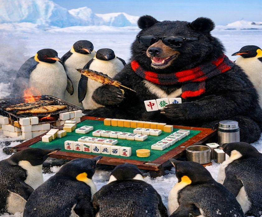 台灣黑熊,台灣熊愛打麻將,台灣黑熊打麻將,熊掌摸牌,國寶熊界雀聖,南極冰原打牌,南極熊界傳奇,南極冰原台灣黑熊突襲,黑熊麻將補習班,南極企鵝烤魚大四喜,黑熊企鵝戰麻將
