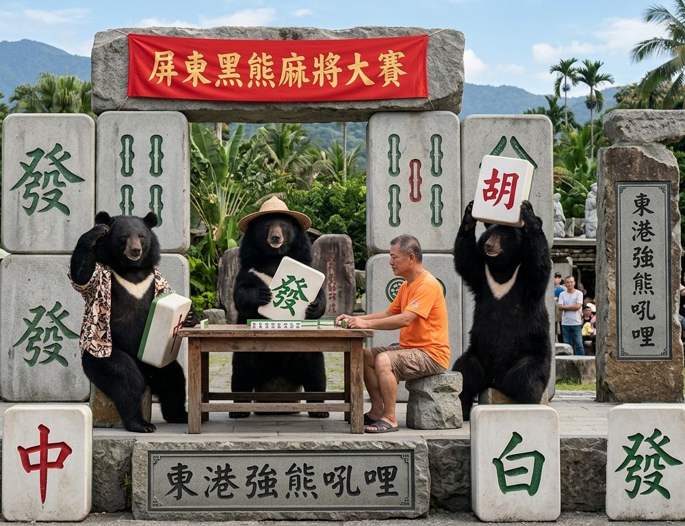 東港強熊吼哩狂摸清一色,台灣熊愛打麻將,台灣黑熊打麻將,屏東東港漁港有台灣黑熊出沒,東港漁港拉斯維加斯,台灣黑熊在屏東東港漁港打麻將,地表最強麻將咖之屏東東港漁港爭霸戰,屏東東港漁港最新吉祥物兼麻將推廣大使