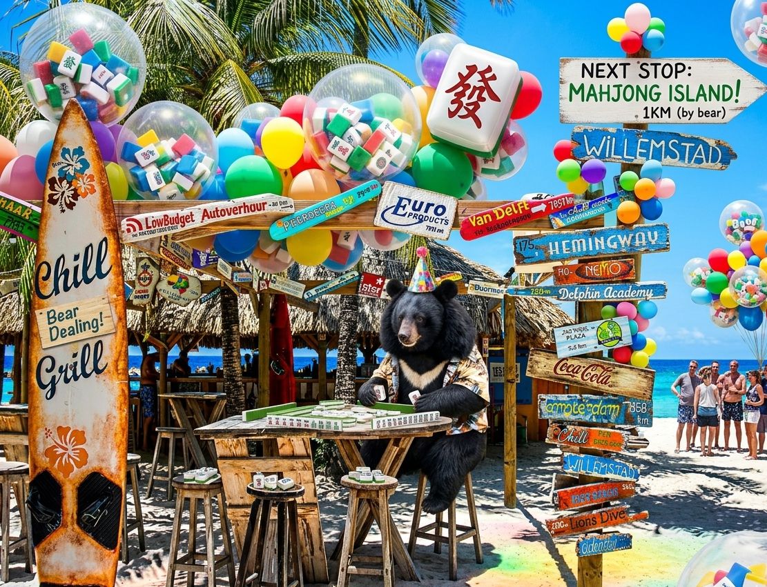 台灣熊愛打麻將,台灣黑熊打麻將,加勒比海有台灣黑熊出沒,台灣黑熊在加勒比海打麻將,庫拉索島史上跨海打牌台灣黑熊,加勒比海威廉斯塔德海灘麻將大賽,黑熊使出熊掌亂舞大洗牌,麻將全部飛進加勒比海餵魚