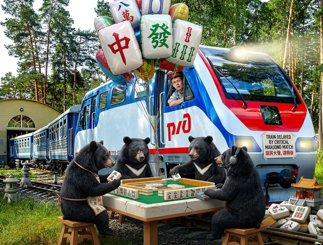 台灣熊愛打麻將,台灣黑熊打麻將,俄羅斯有台灣黑熊出沒,台灣黑熊在俄羅斯打麻將,台灣黑熊跨國遠征俄羅斯打麻將,西伯利亞針葉林驚現台式碰碰胡,熊掌摸牌速度比俄國火車還要快,充滿台灣本土路邊攤風味的俄羅斯祕境