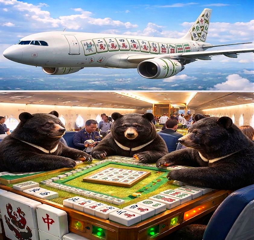 台灣黑熊,台灣熊愛打麻將,台灣黑熊打麻將,熊掌摸牌,國寶熊界雀聖,飛機變牌桌,航空界黑熊傳奇,飛機機艙雀神黑熊,飛機彩繪一條龍,飛行里程換番數,飛行模式改聽牌模式