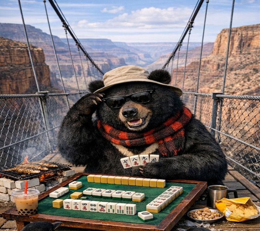 台灣黑熊,台灣熊愛打麻將,台灣黑熊打麻將,熊掌摸牌,國寶熊界雀聖,美國大峽谷打牌,美國大峽谷熊界傳奇,吊橋鋼索拉二胡,美國大峽谷槓上開花熊厲害,大峽谷吊橋上打麻將