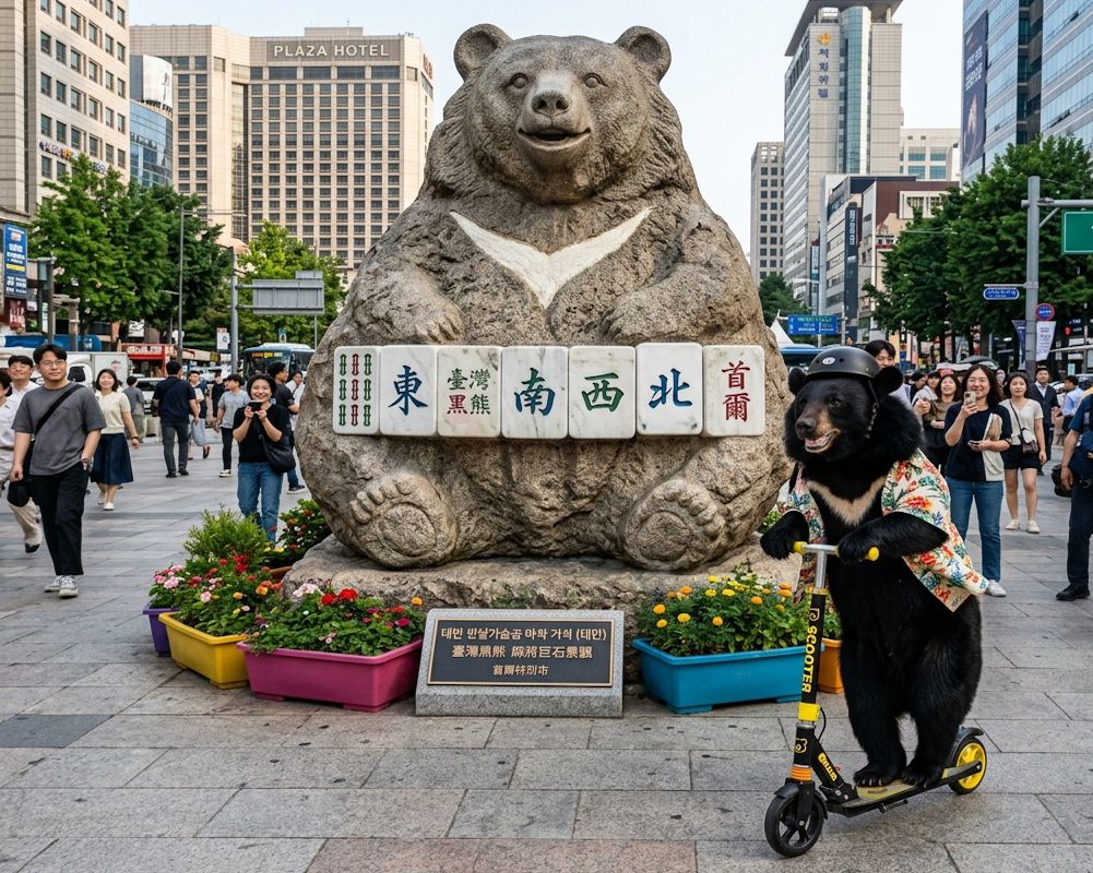 台灣熊愛打麻將,台灣黑熊打麻將,韓國首爾有台灣黑熊出沒,首爾最新打卡地標,台灣黑熊在韓國首爾打麻將,韓國首爾黑熊打麻將,麻將大賽空降首爾,首爾街頭驚現台灣黑熊