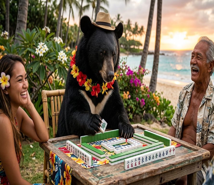 台灣黑熊,台灣熊愛打麻將,台灣黑熊打麻將,熊掌摸牌,檀香山麻將推廣大使,草裙麻將桌,夏威夷熊界傳奇,黑熊夏威夷牌桌外交,阿羅哈麻將草裙,威基基海灘打麻將