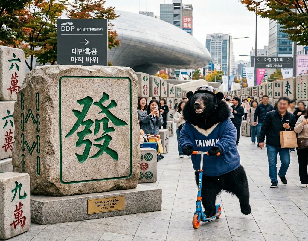 台灣熊愛打麻將,台灣黑熊打麻將,韓國首爾東大門設計廣場有台灣黑熊出沒,韓國首爾東大門設計廣場最新打卡地標,台灣黑熊在韓國首爾打麻將,韓國首爾黑熊打麻將,麻將大賽空降首爾,首爾街頭驚現台灣黑熊