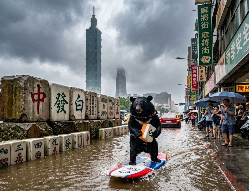 台灣熊愛打麻將,台灣黑熊打麻將,水上移動式麻將館,信義區大淹水直接變成威尼斯,台北101前摸一把大三元,台灣黑熊水上樂園搓麻將,信義區梅雨季限定水上麻將爭霸戰,打麻將比水上樂園還好玩,台北梅雨季出門記得帶衝浪板,台北水上麻將開打,台灣黑熊一邊衝浪一邊碰,台灣梅雨季揪團打麻將