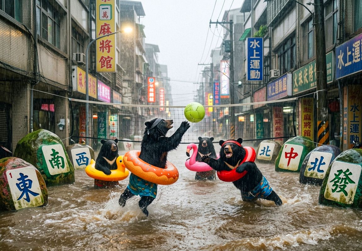 台灣熊愛打麻將,台灣黑熊打麻將,水上移動式麻將館,台灣黑熊水上樂園搓麻將,台北梅雨季限定水上麻將爭霸戰,打麻將比水上樂園還好玩,台北梅雨季出門打水上排球,台北大淹水直接變成威尼斯,台北水上麻將開打,台灣梅雨季揪團打麻將