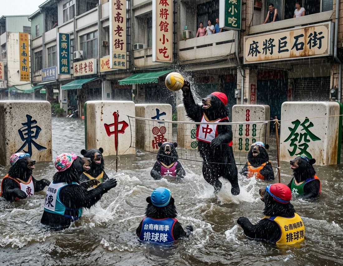 台南梅雨季秒變水上水上樂園,淹水高度直逼胸口的台南狂暴雨彈,黑熊大喊碰碰胡然後把排球扣殺過去,梅雨季最強檔之黑熊與麻將的奇幻漂流,台南專屬的水上麻將排球錦標賽,東風與發財之間的世紀水上對決,台灣熊愛打麻將,台灣黑熊打麻將,台南梅雨季出門打水上排球,台南大淹水直接變成威尼斯,台灣梅雨季揪團打麻將
