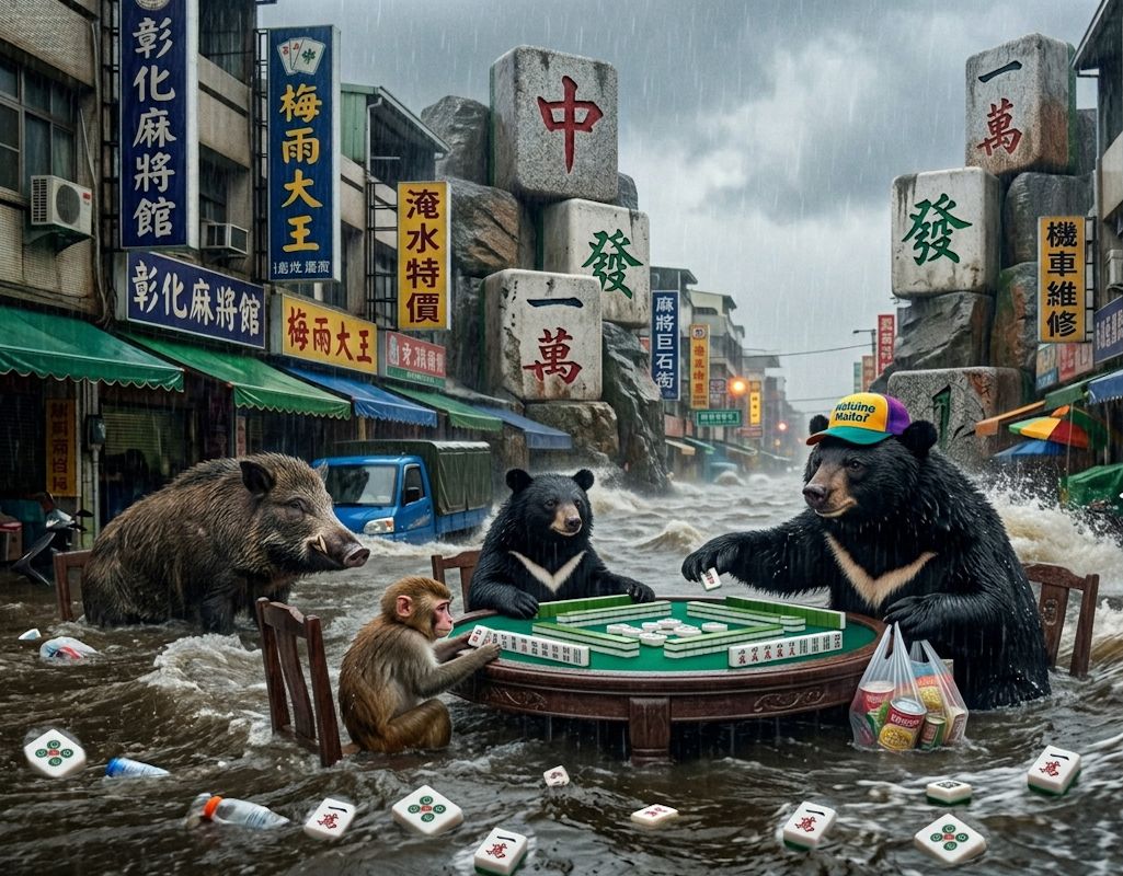 梅雨季秒變彰化大瀑布,台灣黑熊涉水打麻將,摸到發財被沖到台中港,彰化水上麻將爭霸賽,彰化大洪水直接變成威尼斯,台灣梅雨季揪團打麻將,大風大浪擋不住黑熊的麻將魂,東風與發財之間的世紀水上對決,台灣熊愛打麻將,台灣黑熊打麻將