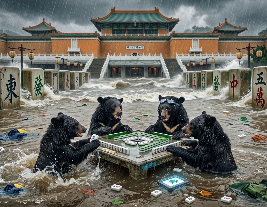 故宮博物院變身東方威尼斯麻將局,台灣熊愛打麻將,台灣黑熊打麻將,水上移動式麻將館,故宮大淹水直接變成威尼斯,台灣黑熊水上樂園搓麻將,故宮梅雨季限定水上麻將爭霸戰,打麻將比水上樂園還好玩,台北水上麻將開打,台灣黑熊一邊衝浪一邊碰,台灣梅雨季揪團打麻將